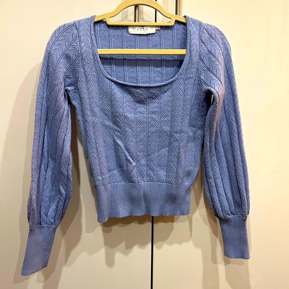 ASTR Powder Blue Square Neck Pointelle Knit Long Sleeve Top/Sweater Top Fall - Picture 2 of 6